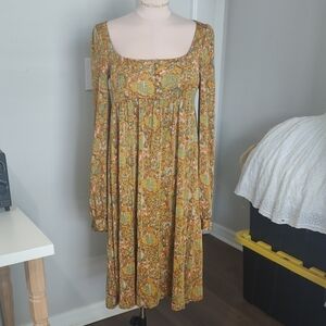 H&M Long Sleeve Floral Midi Dress in Mustard and Olive